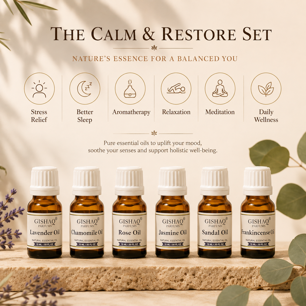 Six amber glass essential oil bottles from GISHAO arranged on a stone surface with decorative leaves and lavender sprigs. Above the bottles, the text reads 'THE CALM & RESTORE SET' with icons and benefits for stress relief, better sleep, aromatherapy, relaxation, meditation, and daily wellness.