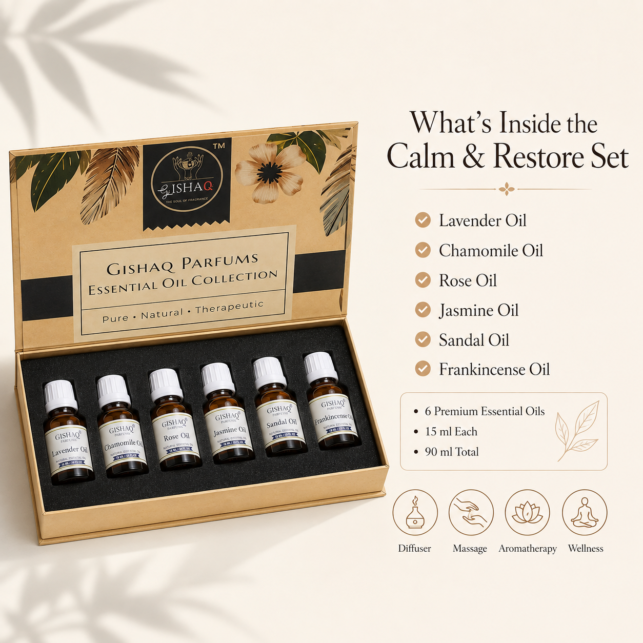 Calm & Restore Essential Oil Gift Box by Gishaq Parfums with 6 Premium Essential Oils