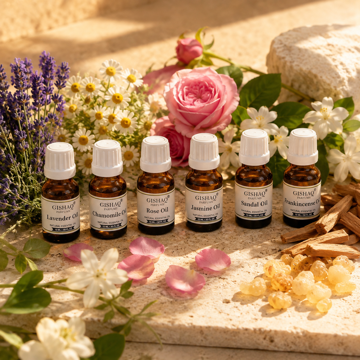 6 Premium Essential Oils for Aromatherapy – Lavender, Chamomile, Rose, Jasmine, Sandalwood and Frankincense by Gishaq Parfums