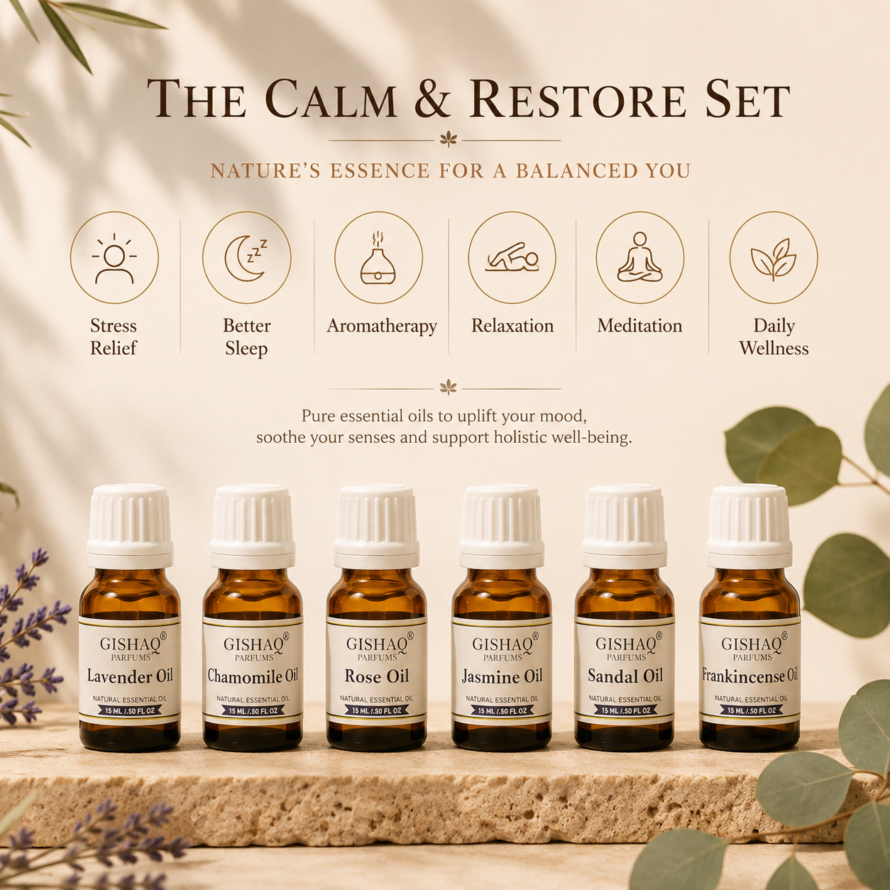 Six amber glass essential oil bottles from GISHAO arranged on a stone surface with decorative leaves and lavender sprigs. Above the bottles, the text reads 'THE CALM & RESTORE SET' with icons and benefits for stress relief, better sleep, aromatherapy, relaxation, meditation, and daily wellness.